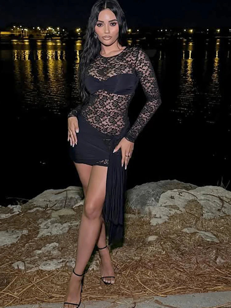 JULISSA MO Patchwork Sexy Sheer Lace Bandage Women Dress Black Long Sleeve Round Neck Dress Summer Skinny Elegant Party Clubwear