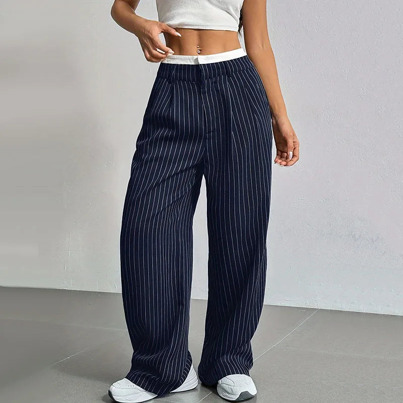 Women High Waist Striped Printed Suit Pants Office Lady Casual Loose Straight Trousers Spring Summer Female Chic Wide Leg Pants