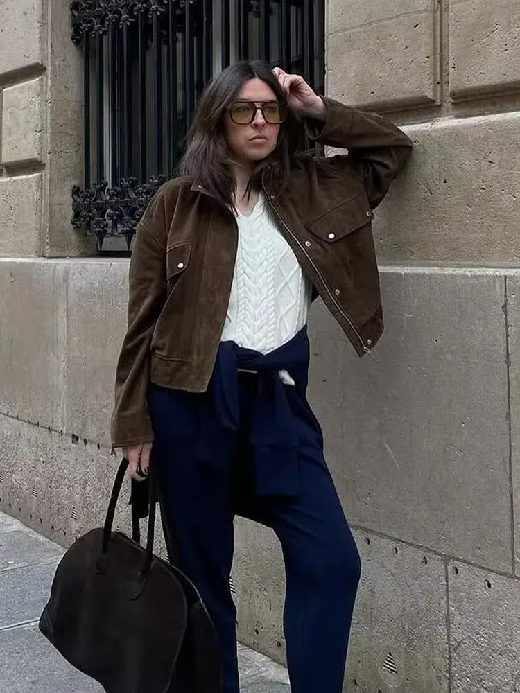 HH Autumn Elegant Women's Suede Textured Street Jacket Woman Chic Long Sleeves Zipper High Neck Pockets Design Slim Coats