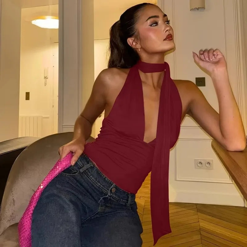 Tuularose Women's Sexy Tank Top Summer Sleeveless Bandage Hollow Hanging Neck Tops New V-Neck High Waist Party Club T-Shirt Tops