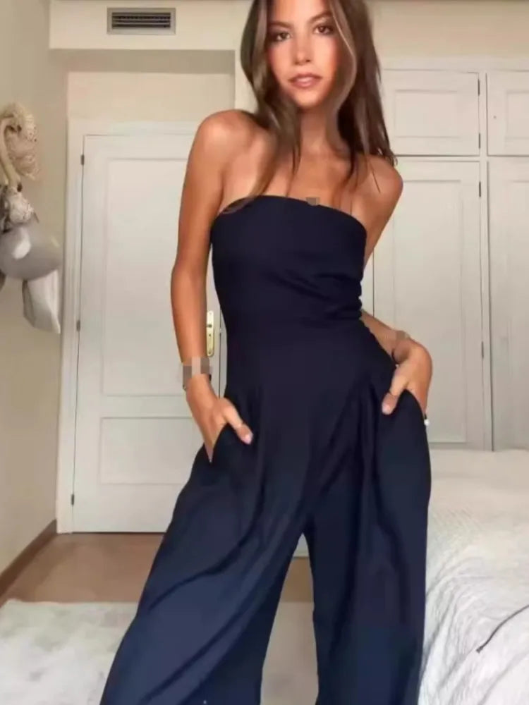 Summer Women Jumpsuit Fashion Strapless Solid Color Sleeveless Bandeau Loose Wide Legs Pants Casua Romper High Streetwear