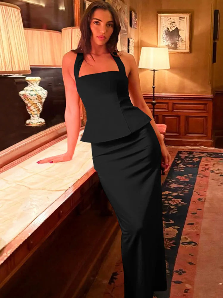 Mozision Backless Sexy 2 Piece Sets Women Solid Square Collar Halter Tops And Long Skirt Female Slim Fit Club Two Piece Sets