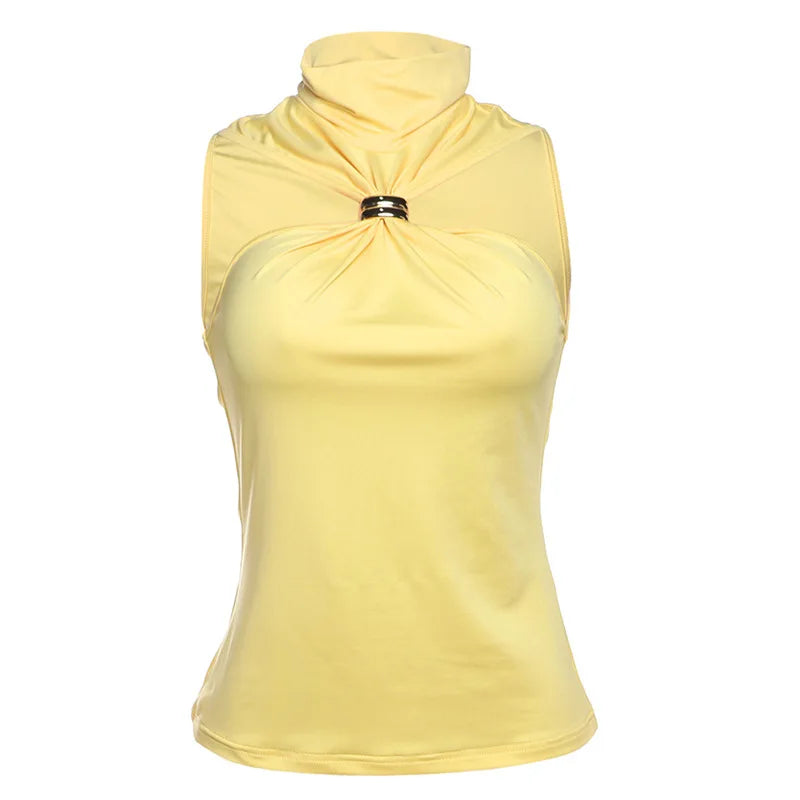 Weird Puss Metal Knot Tank Tops Women 2025 Summer Solid Pleated Sleeveless Stretch Simple Basic Streetwear Skinny Casual Vest