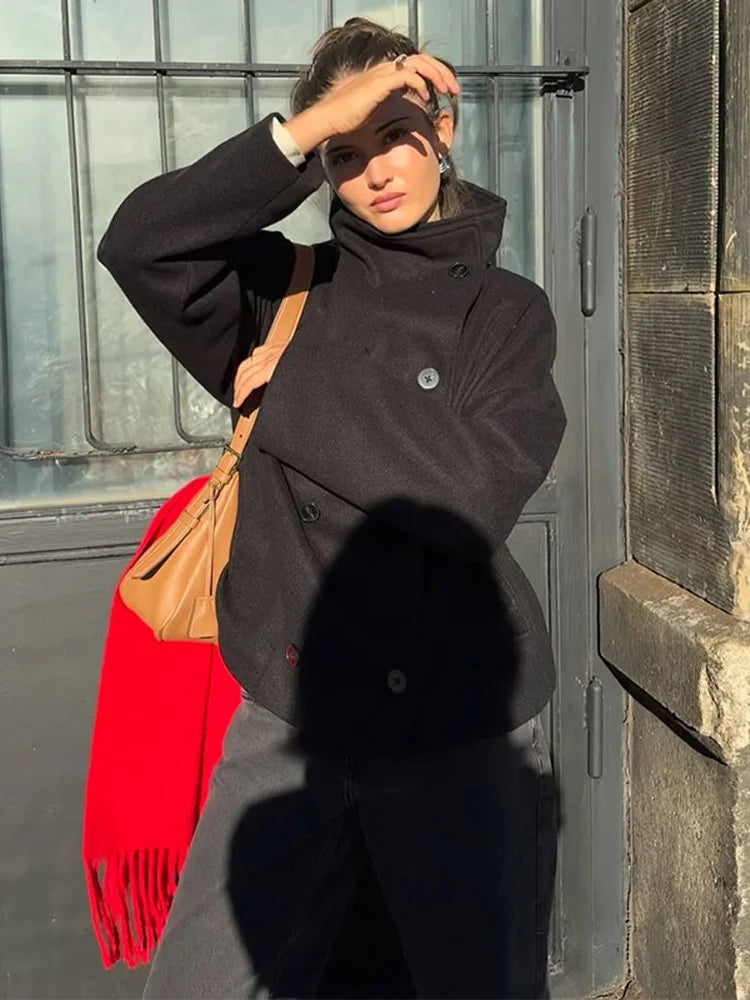 Solid Turtleneck Double-Breasted Pocket Coats Women Casual Loose Full Sleeve Female Jacket 2025 Autumn Office Lady Jackets