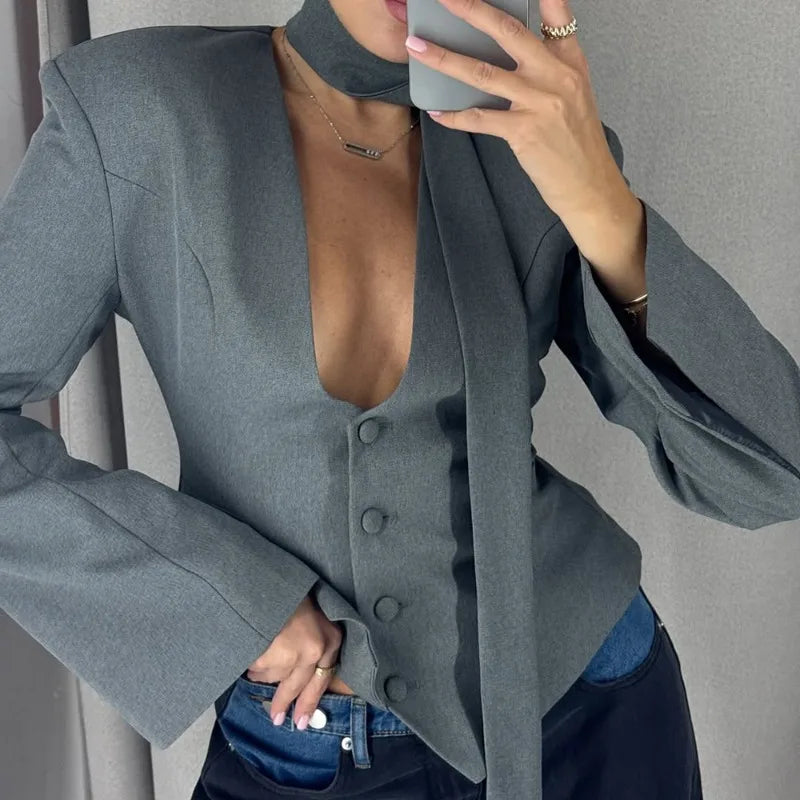 Tuularose Single Breasted Coat Women's V Neck Scarf With Long Sleeve Waist-Cinching Blazer Jacket Lady Casual Slim Commute Coat