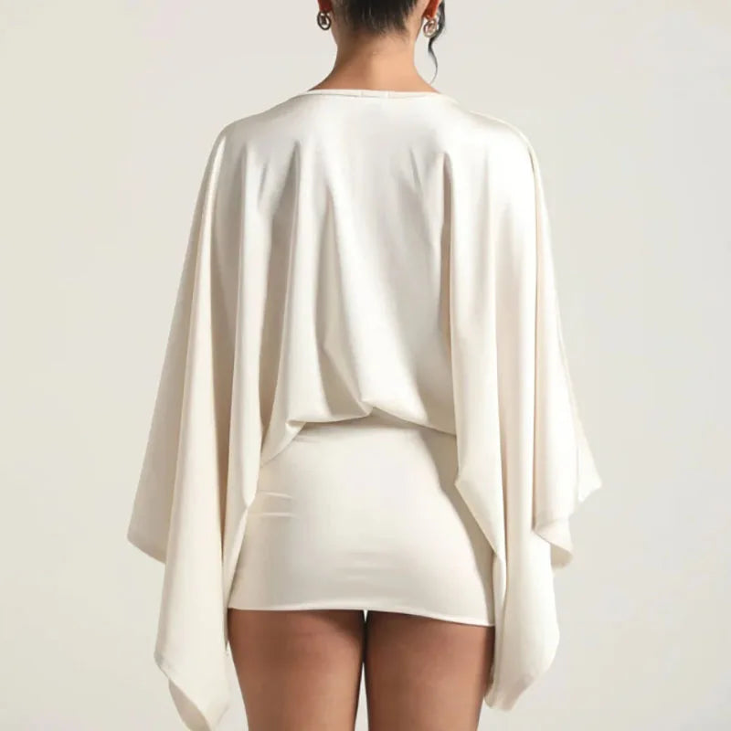 New Autumn Chic Deep V-Neck Boho Dress Retro Solid Spliced Flare Sleeve Prom Dress Spring Woman Club Elegant Slim Fit Mini Dress