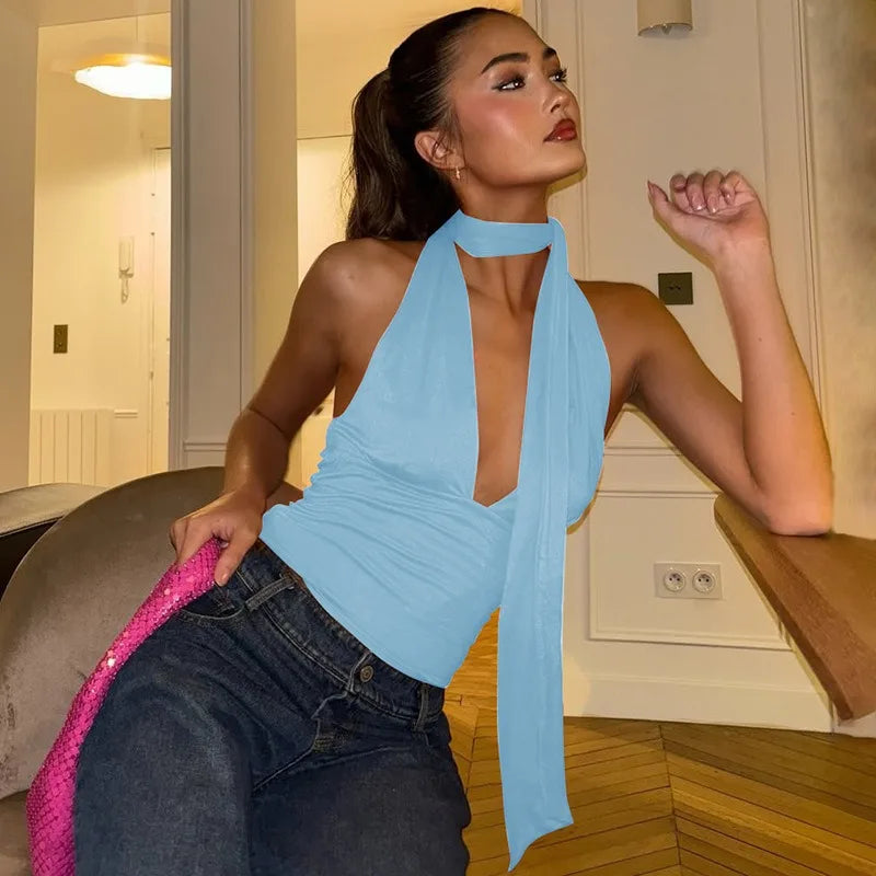 Tuularose Women's Sexy Tank Top Summer Sleeveless Bandage Hollow Hanging Neck Tops New V-Neck High Waist Party Club T-Shirt Tops