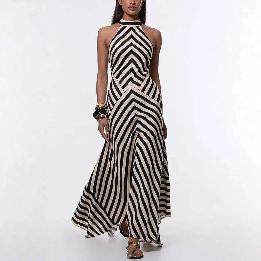 Striped Sleeveless High Street Long Dress Backless Sexy Evening Party Dress Halter Elagant Midi Dress Chic Women Bodycon Dresses