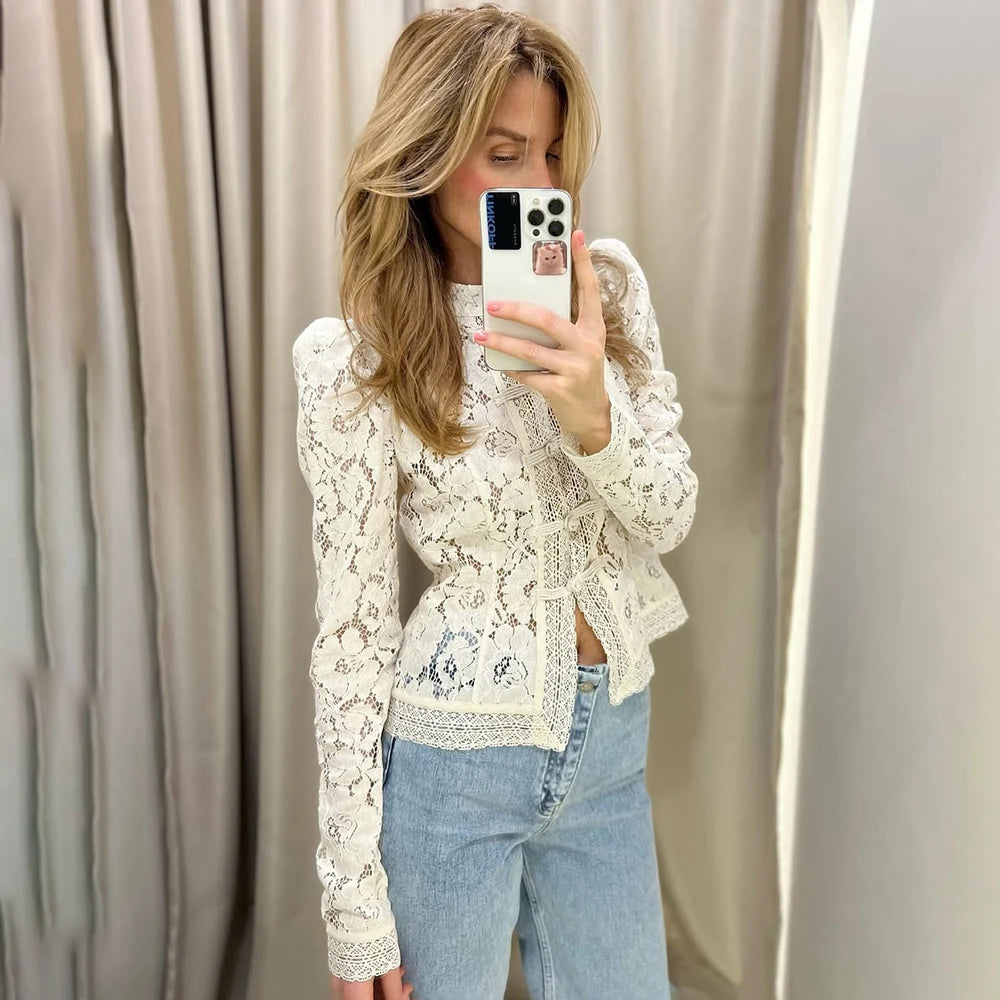 Tuularose Luxury Lace Blouse Fashion Lace Print Single Breasted Slim Shirt Vintage Elegant Party Looks Summer Women Blouse Tops