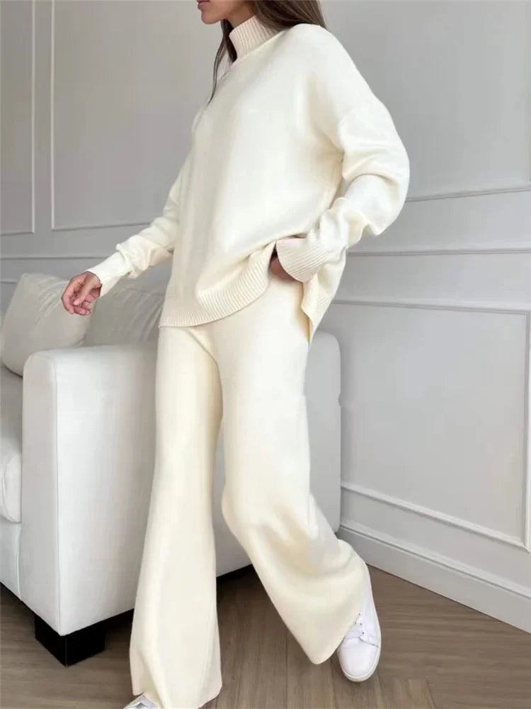 2024 wool  Autumn Winter 2 Pieces Women Sets Knitted Tracksuit Turtleneck Sweater and Straight Jogging Pants Suits