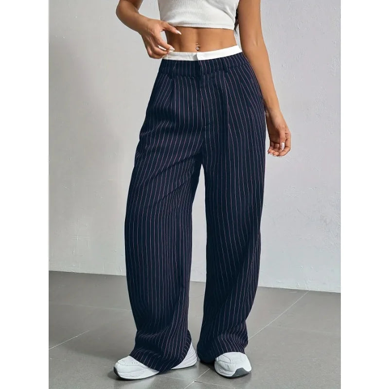 Women High Waist Striped Printed Suit Pants Office Lady Casual Loose Straight Trousers Spring Summer Female Chic Wide Leg Pants