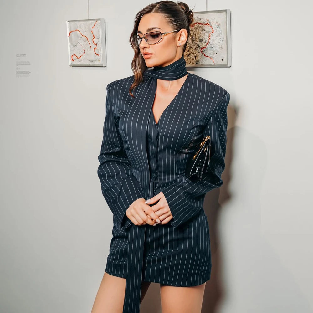 Tuularose 3 Piece Dress Set Women Elegant V-Neck Striped Ribbon Blazer Slim Short Dress Set Fashion Luxury Women Party Dress Set
