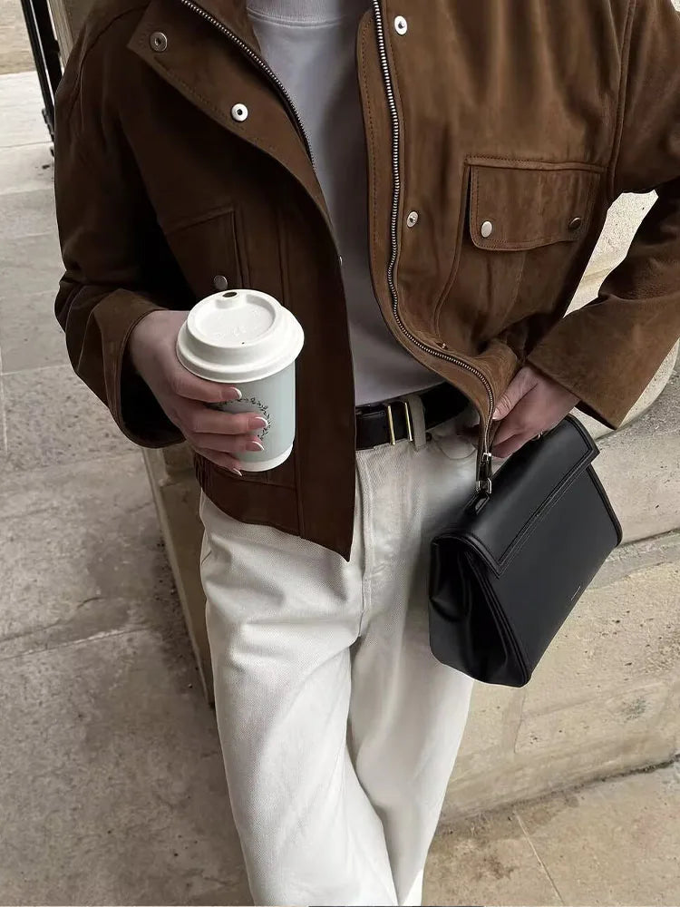 HH Autumn Elegant Women's Suede Textured Street Jacket Woman Chic Long Sleeves Zipper High Neck Pockets Design Slim Coats