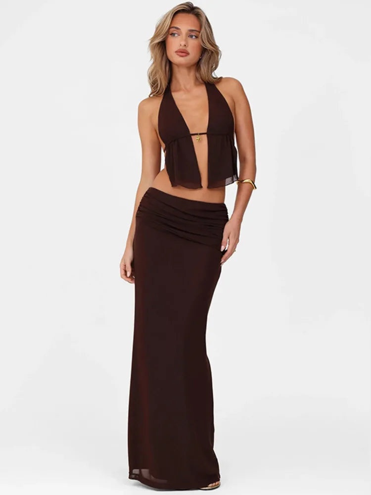 Mozision Hollow Out Lace-up Sexy Skirt 2 Piece Sets Women Brown Halter Crop Tops And Maxi Skirt Female Skinny Sexy Two Piece Set