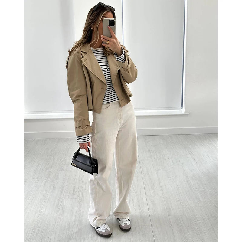 YENKYE New Autumn Women Solid Cropped Trench Coat Vintage Double Breasted Long Sleeve Short Jacket Lapel Collar Windbreaker