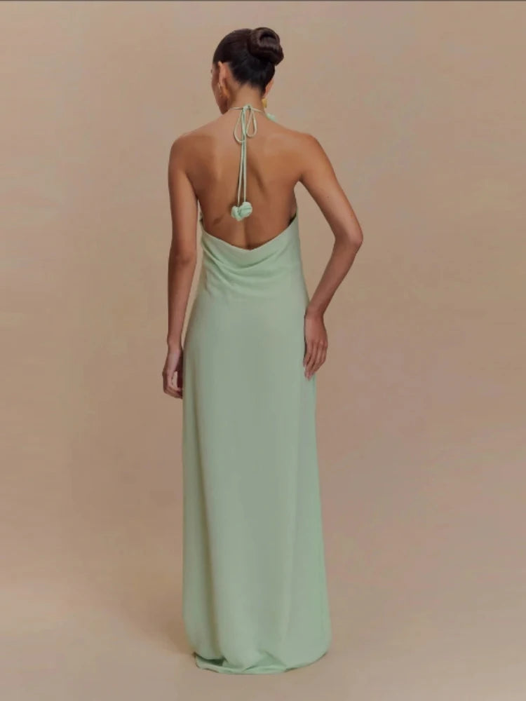 Sexy Halter Neck Flower Patchwork Long Dress Summer Women Sleeveless Backless Lace-up Slim Dresses Club Party Evening Gowns