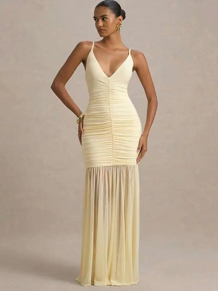 JULISSA MO Patchwork Sexy V-neck Ruched Women Maxi Dress Yellow Backless High Waist Dress Summer New Elegant Party Evening Dress