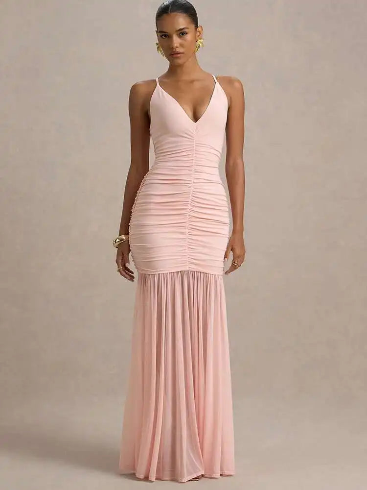 JULISSA MO Patchwork Sexy V-neck Ruched Women Maxi Dress Yellow Backless High Waist Dress Summer New Elegant Party Evening Dress