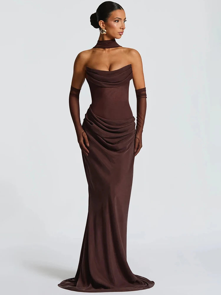 Mozision Off-shoulder Backless Sexy Maxi Dress Women Gown Elegant Scarf Collar Strapless Sleeveless Bodycon Club Party Dresses