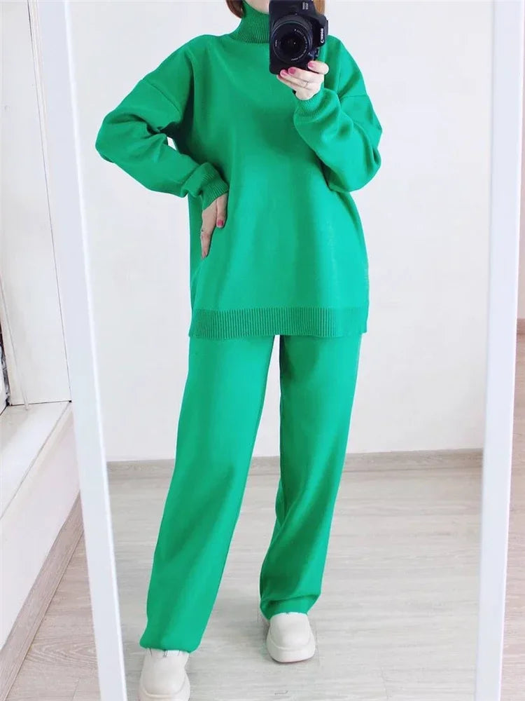 2024 wool  Autumn Winter 2 Pieces Women Sets Knitted Tracksuit Turtleneck Sweater and Straight Jogging Pants Suits