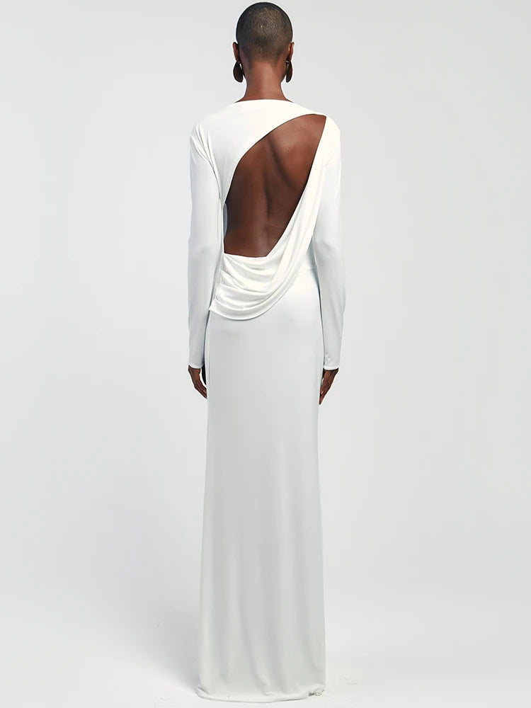 Mozision Backless Long Sleeve Sexy Maxi Dress Women Gown Autumn Winter New High Waist Pleated Club Party Long Dress Elegant