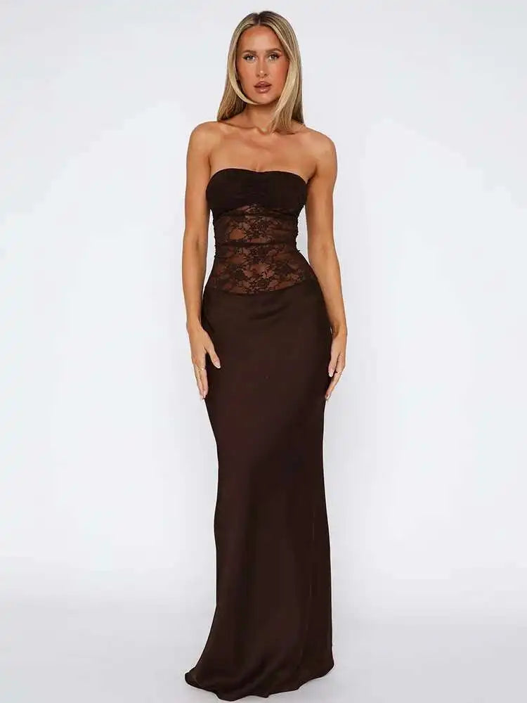 JULISSA MO Patchwork Sexy Strapless Sheer Lace Women Mermaid Dress Black Backless Maxi Dress Summer Slim Elegant Party Clubwear