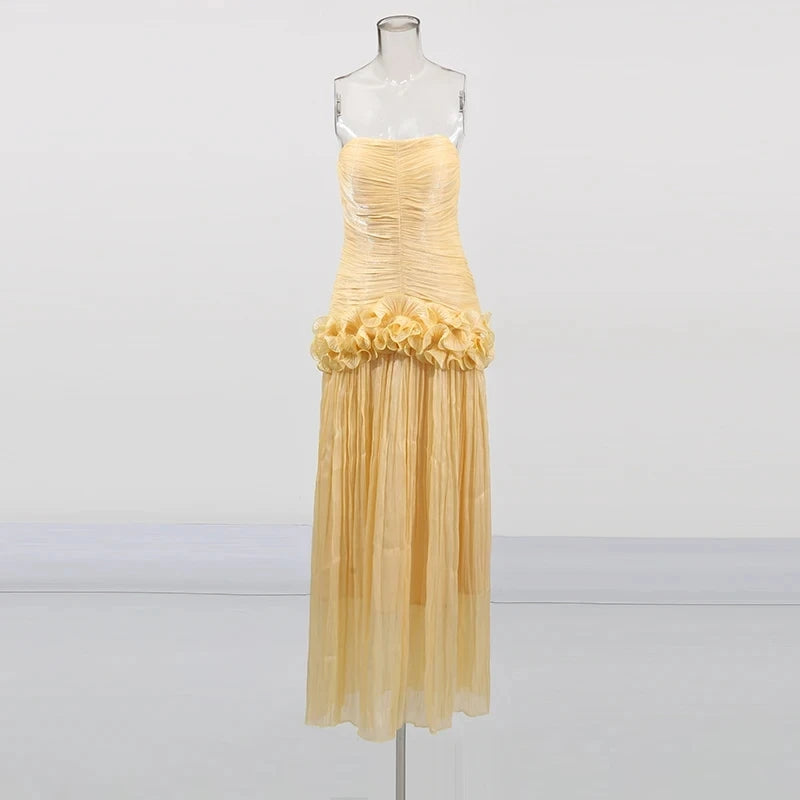 TWOTWINSTYLE Solid Spliced Fungus Slimming Dresses for Women Strapless Sleeveless Patchwork Folds Midi Dress Female Clothing New