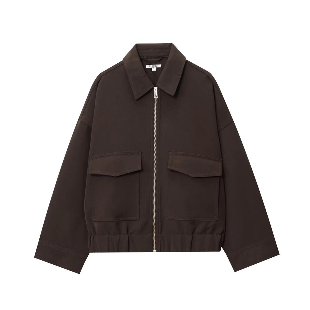 NLZGMSJ Women's 2025 Autumn Elegant Clothing Jacket Vintage Lapel Collar Zipper Full Sleeve Pocket Coat Lady Outerwears