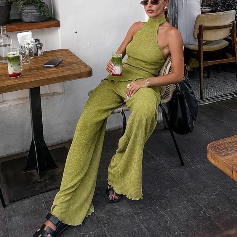Tuularose Hanging Green Pants Set Sleeveless Backless Personality Temperament Commuter Two-piece Set Summer New Women Pants Set
