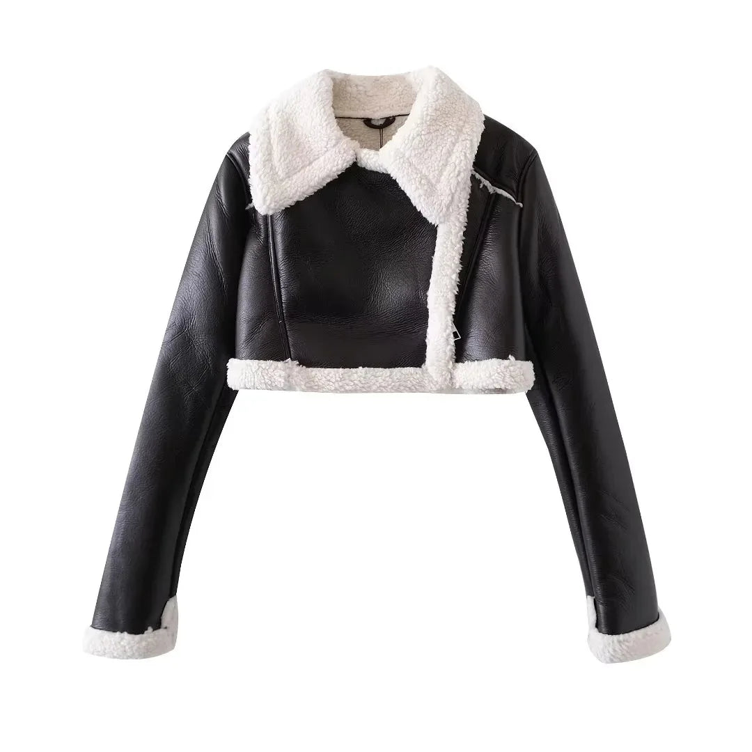 2024 Autumn Winter Women Faux Lamb Leather Fur Short Jackets Lady Moto Biker Zipper Coats Thicken Warm Female Vintage Outerwear