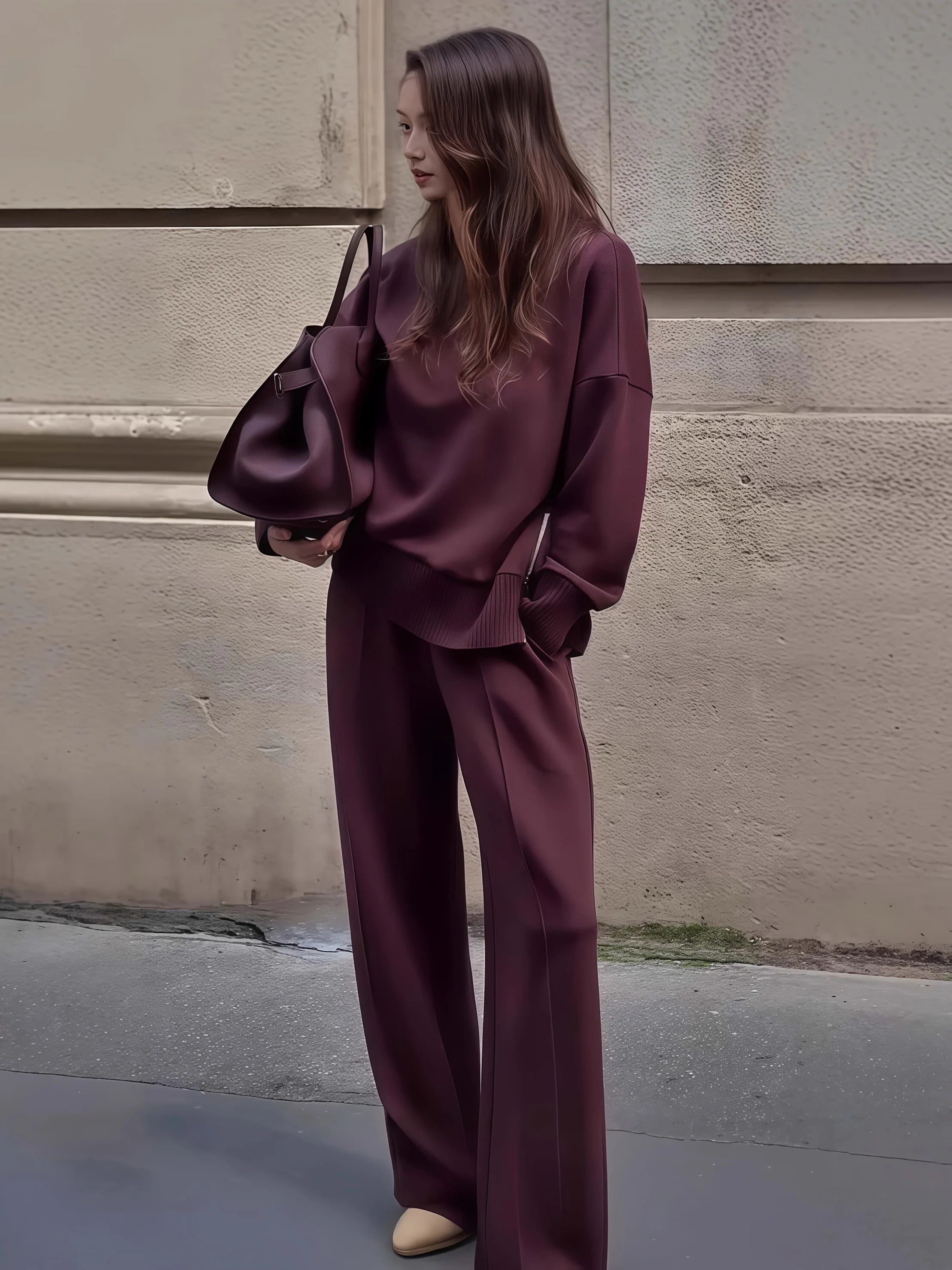 2025 new women's fashionable casual sportswear two-piece set women's wool sportswear wide leg pants two-piece set,