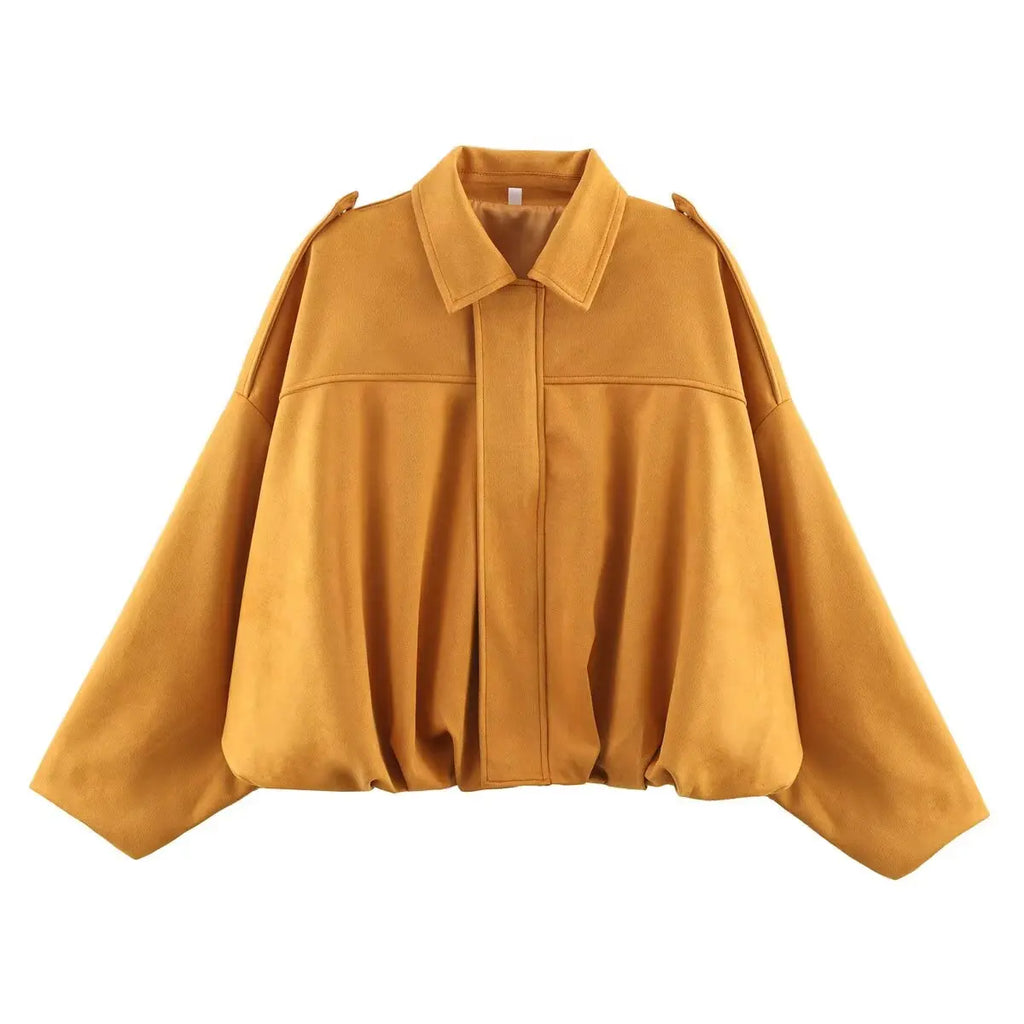 YENKYE New 2025 Women Suede Textured Bomber Jacket Long Sleeve Lapel Collar Loose Coats Casual Female Outerwear Chic Tops