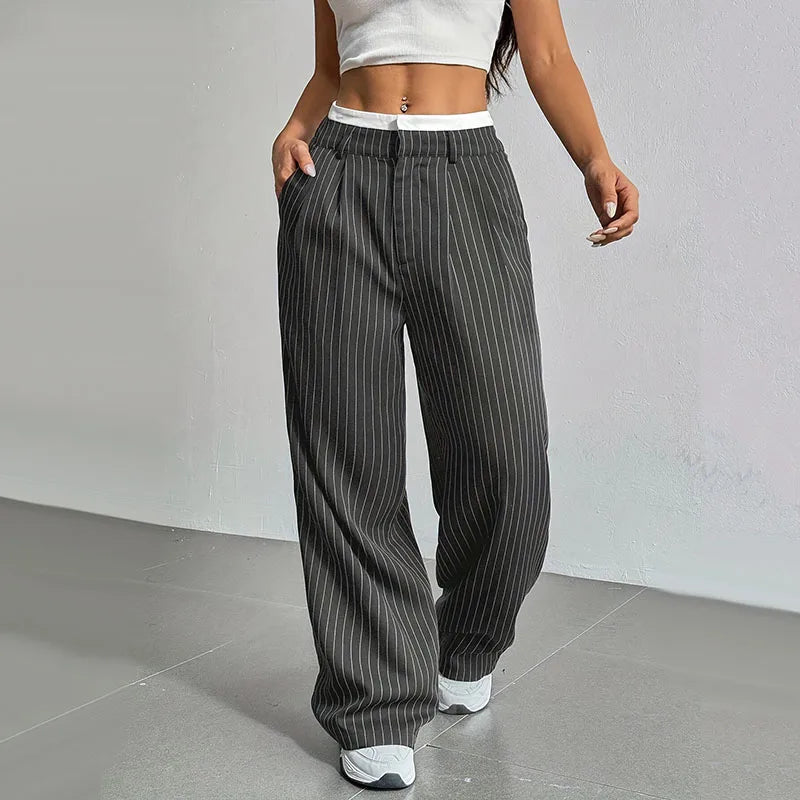 Women High Waist Striped Printed Suit Pants Office Lady Casual Loose Straight Trousers Spring Summer Female Chic Wide Leg Pants