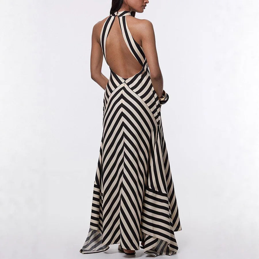 Striped Sleeveless High Street Long Dress Backless Sexy Evening Party Dress Halter Elagant Midi Dress Chic Women Bodycon Dresses