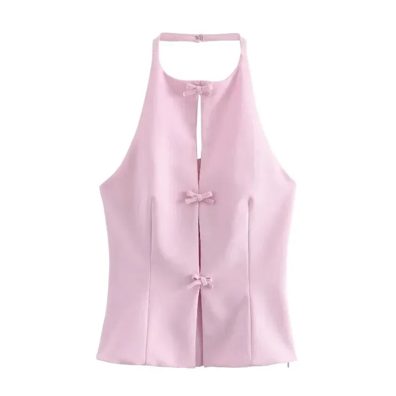Tuularose Bow Backless Vest Women Summer Sleeveless Halter Hollow Top Elegant Slim Skirt New Y2k Female Tanks  Short Top Office