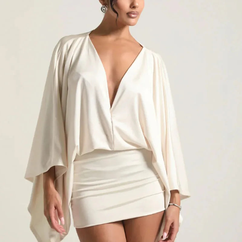New Autumn Chic Deep V-Neck Boho Dress Retro Solid Spliced Flare Sleeve Prom Dress Spring Woman Club Elegant Slim Fit Mini Dress
