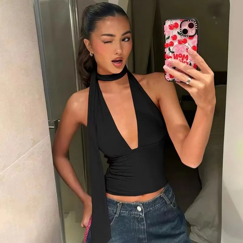 Tuularose Women's Sexy Tank Top Summer Sleeveless Bandage Hollow Hanging Neck Tops New V-Neck High Waist Party Club T-Shirt Tops