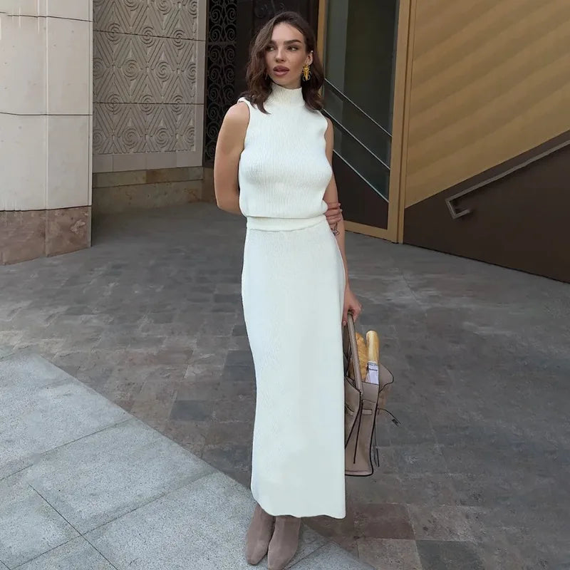 Tuularose Elegant Long Skirt Two-piece Set Women's Sleeveless Knitted Turtleneck Vest Slim Skirt Set 2025 New Fashion Skirt Set