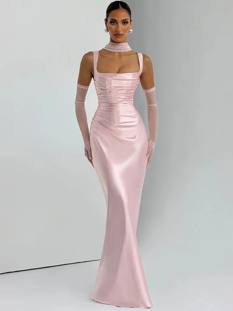 Mozision Satin Backless Sexy Maxi Dress Women Elegant Halter Off-shoulder Sleeveless Lace-up Bodycon Club Party Long Dresses