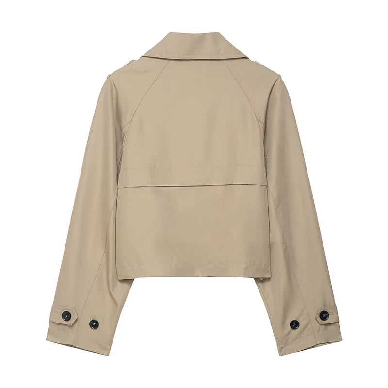 Women's Fashion Double Breasted Short Trench Coat Turn-down Collar Long Sleeve Coats Vintage Female Outerwear Chic Tops