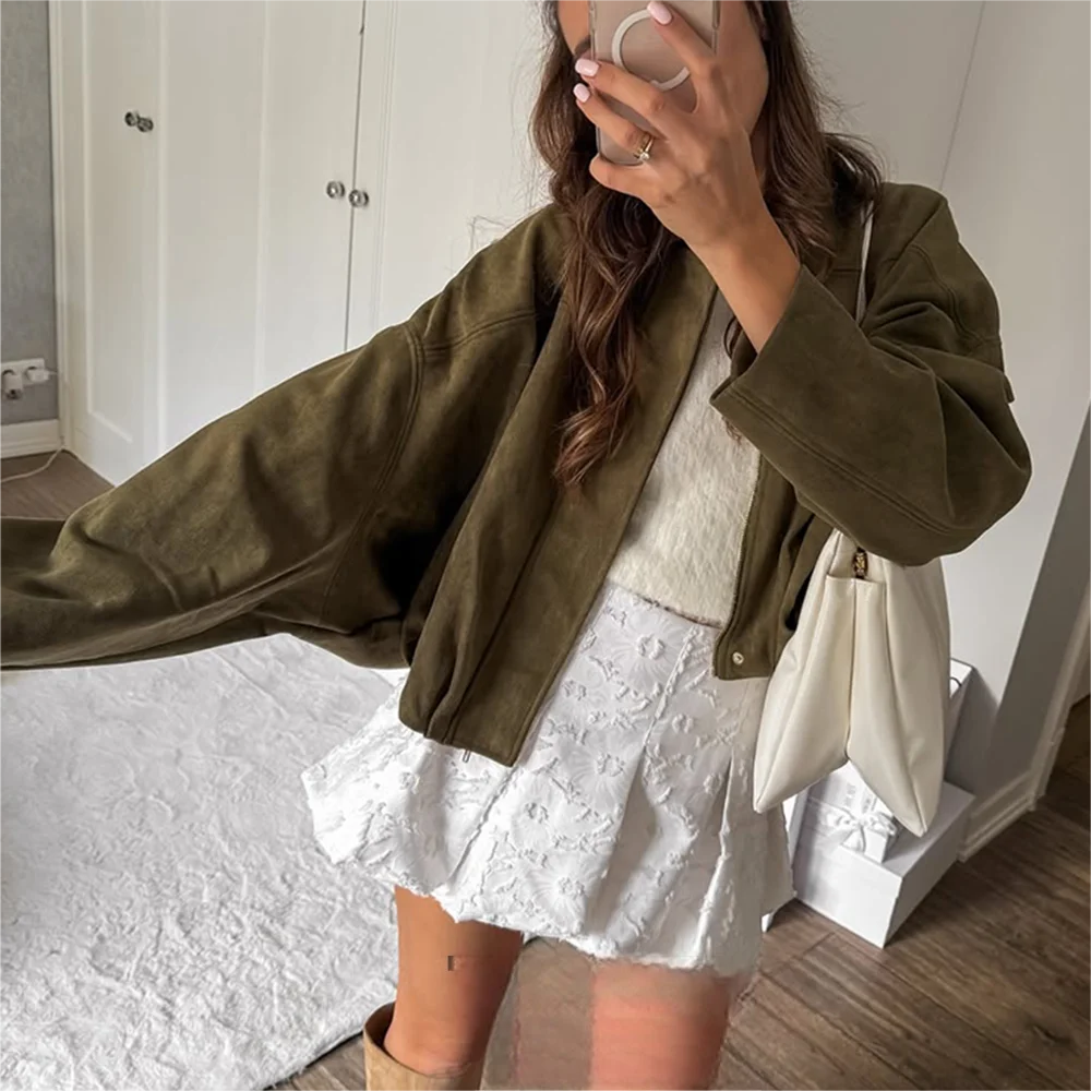 KONDALA Casual Soft Martini Green Bomber Jackets Women Long Lantern Sleeve Oversized Autumn Winter Coats Fashion 2025 Outwears