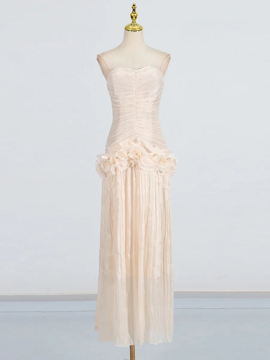 TWOTWINSTYLE Solid Spliced Fungus Slimming Dresses for Women Strapless Sleeveless Patchwork Folds Midi Dress Female Clothing New