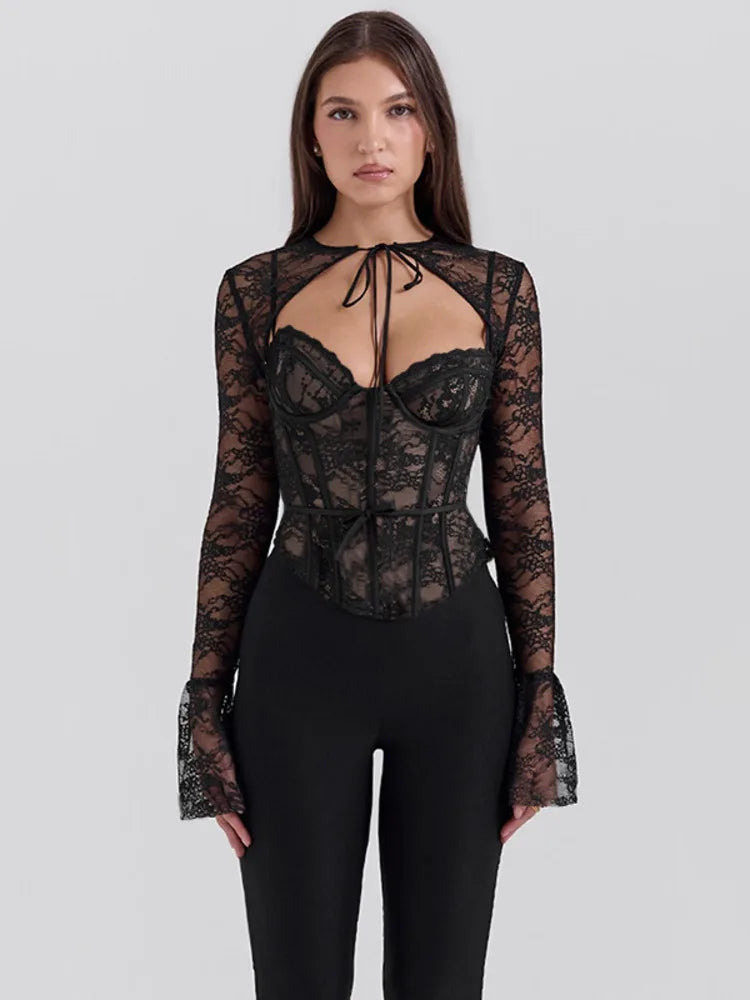 Mozision Black Lace Sexy Mini Shirts Tops Women Elegant Hollow Out Sheer Flare Long Sleeve Slim Club Party Sexy Tops Clubwear
