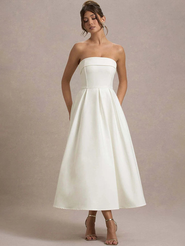 Mozision Off-shoulder Strapless Sexy Midi Dress Women Fashion Elegant Sleeveless Backless High Waist A-line Club Party Dress New