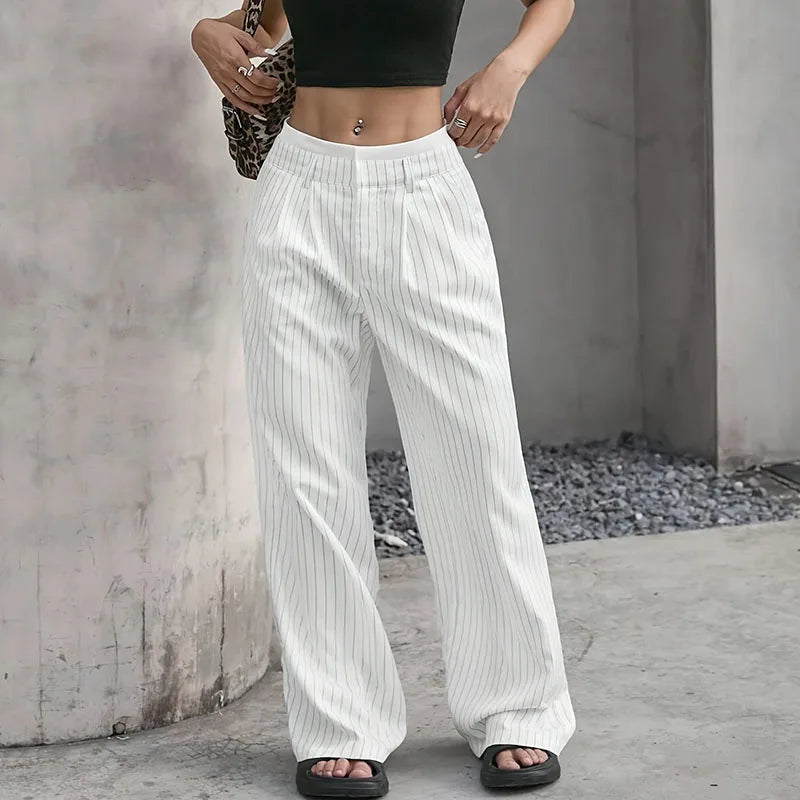 Women High Waist Striped Printed Suit Pants Office Lady Casual Loose Straight Trousers Spring Summer Female Chic Wide Leg Pants