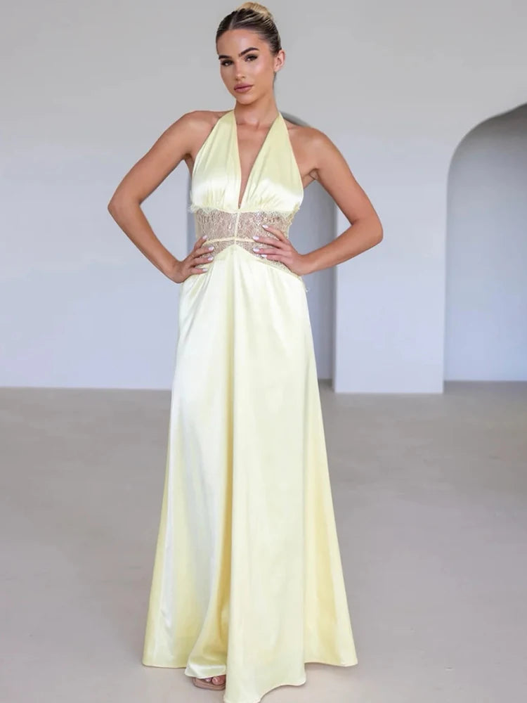 JULISSA MO Patchwork Sexy Deep V-neck Lace Halter Women Maxi Dress White Backless Evening Dress Summer Slim Elegant Party Dress