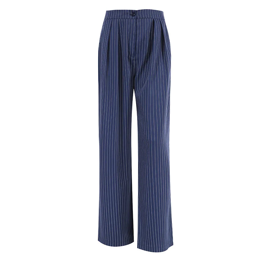 2024 New Fashion Navy Blue Striped Wide Leg Pants For Women Female Casual Drape Suit Trousers Office Ladies Full Length Pants