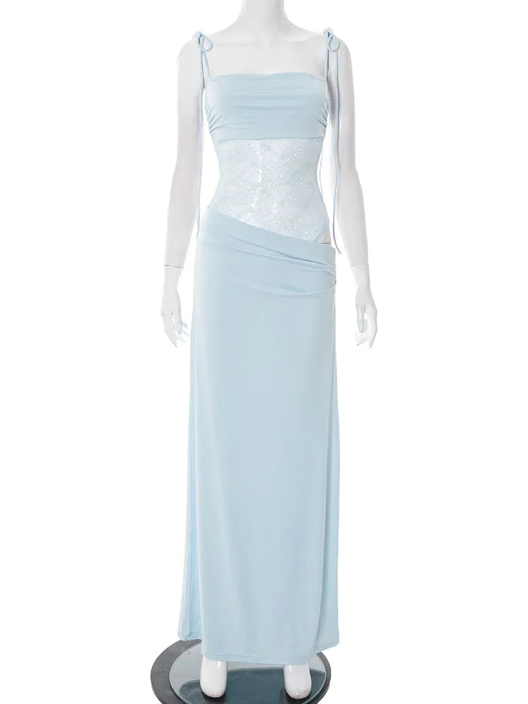 Tuularose Spring Lace Long Dress Women's Solid Spaghetti Straps Backless See Through Long Dress Sexy High Waist Vintage Dresses