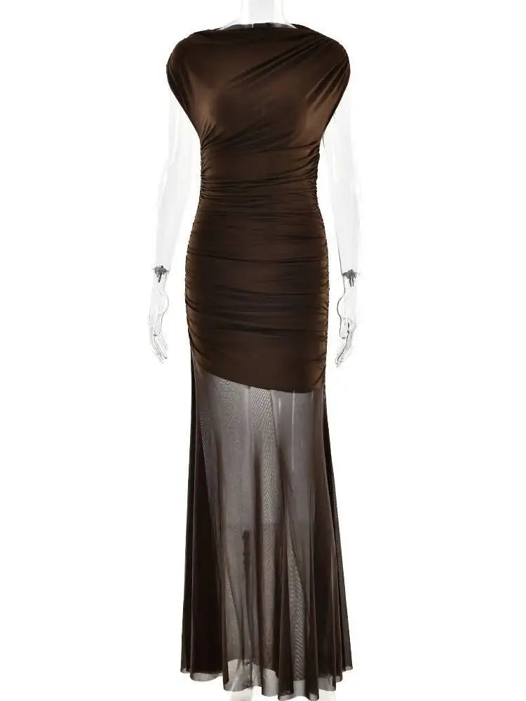 JULISSA MO Patchwork Sexy Sleeveless Ruched Mesh Women Maxi Dress Coffee Round Neck See Through Slim Elegant Party Evening Dress