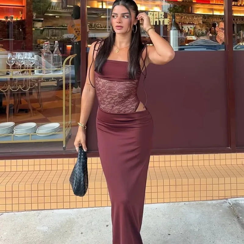 Tuularose Spring Lace Long Dress Women's Solid Spaghetti Straps Backless See Through Long Dress Sexy High Waist Vintage Dresses